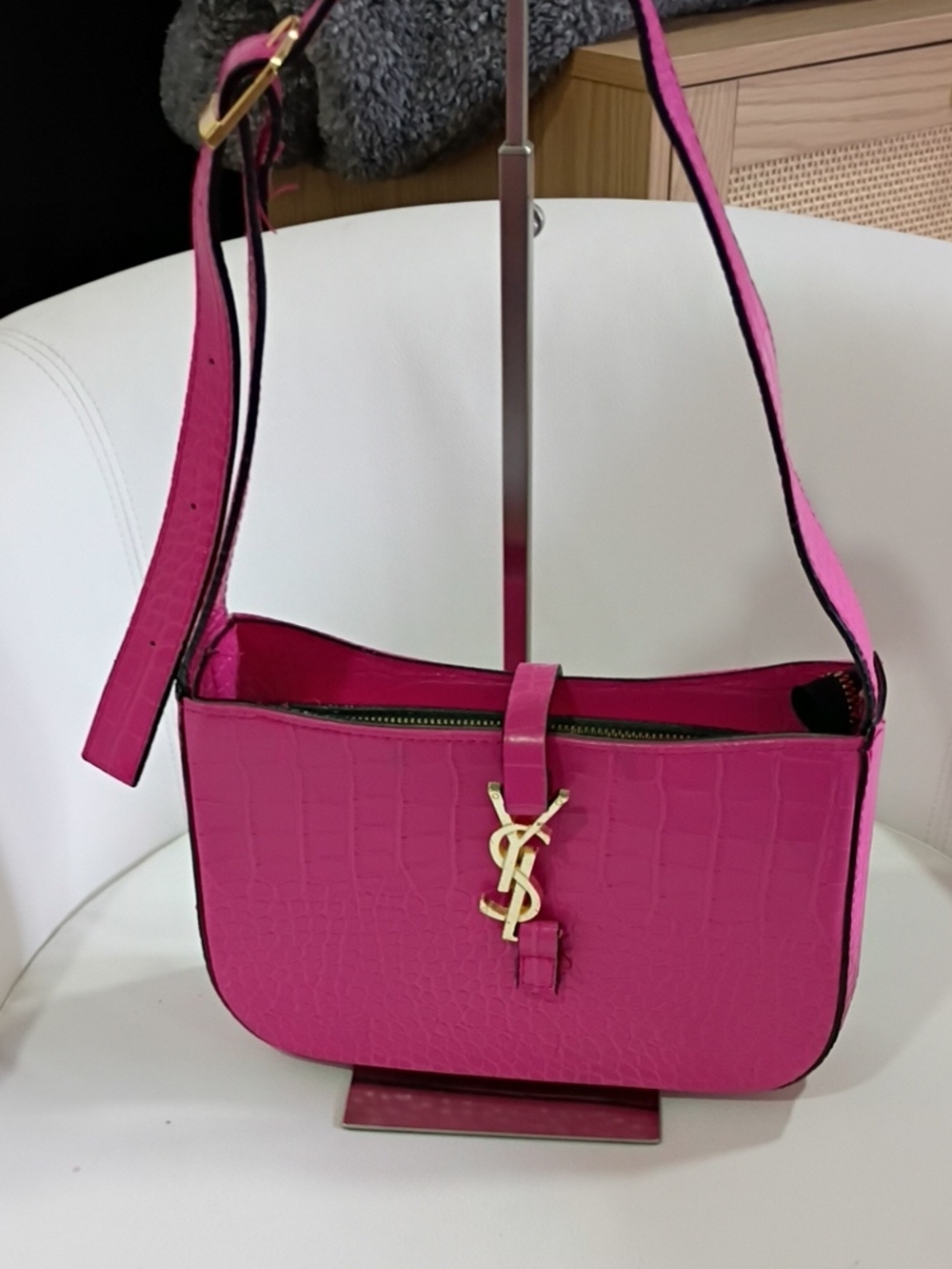 Saint Laurent Hot Pink Croc-Embossed Leather Shoulder Bag with Gold YSL Hardware
